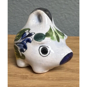Vintage Mexican Tonala Pottery Mini Pig Hand Painted Glazed Floral Signed As Is